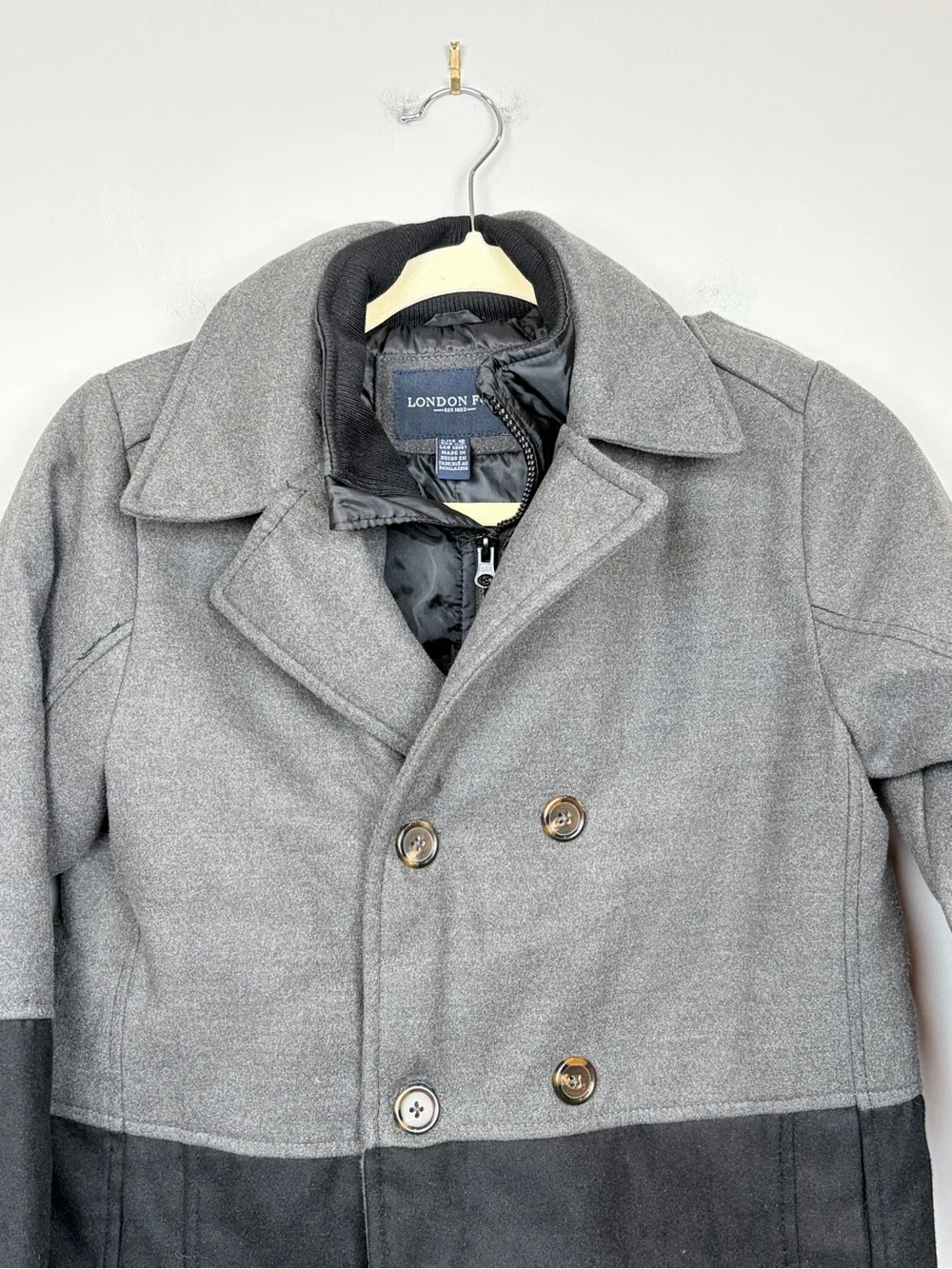 London Fog Boys Double Breasted Peacoat Jacket‎ Gray Black Size L 14-16